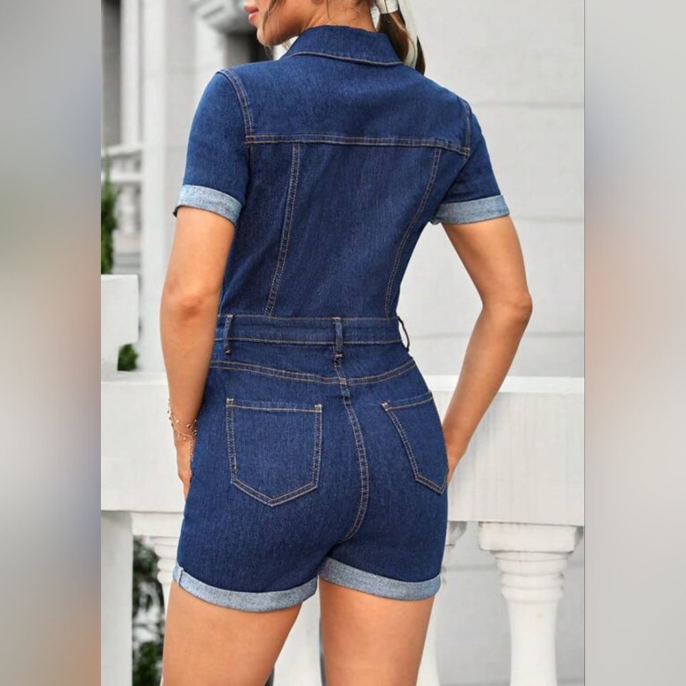 Women's Denim Short Sleeve Jumpsuit - Picture 2 of 6
